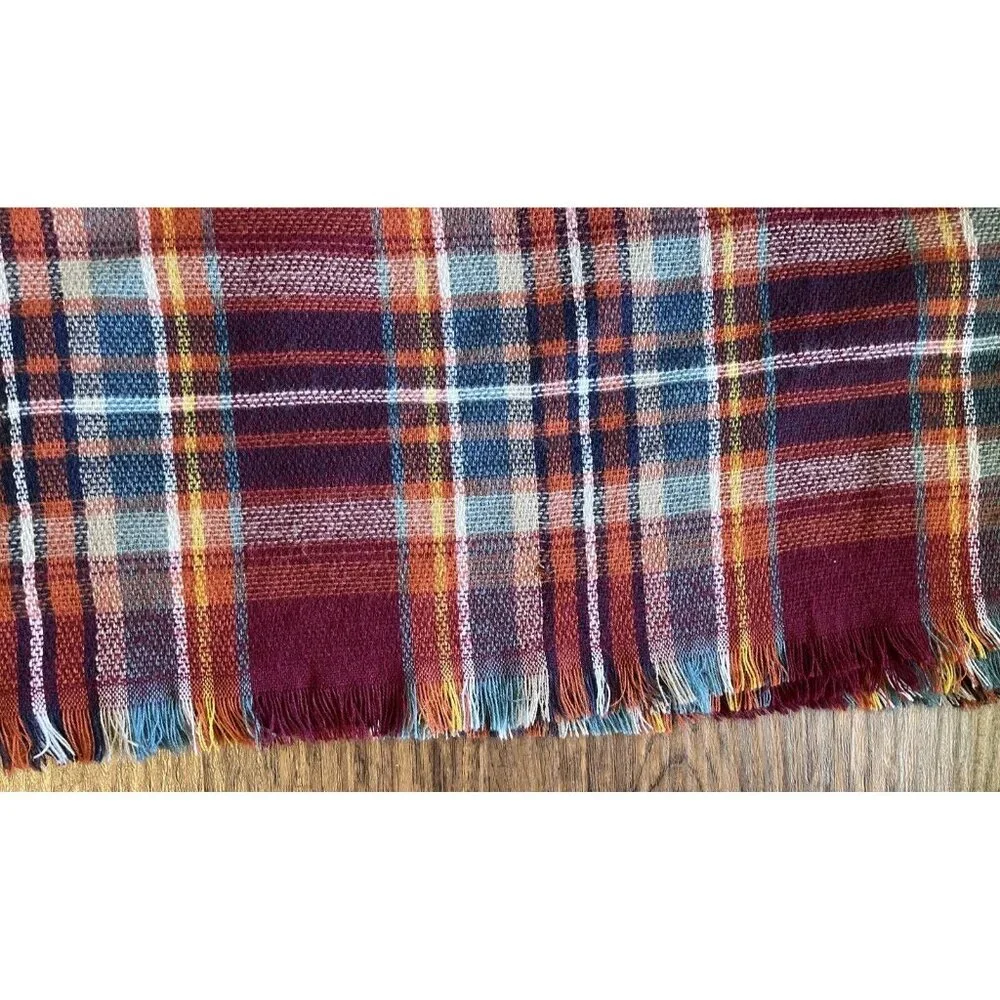 Altar'd State Super Soft Maroon Orange Teal Plaid Fringed Wrap Throw Scarf 52x52